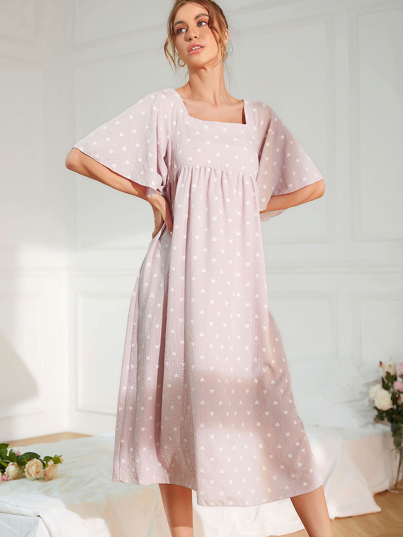 Mulvari Allover Heart Print Square Neck Butterfly Sleeve Dress - Baby Pink - View 1