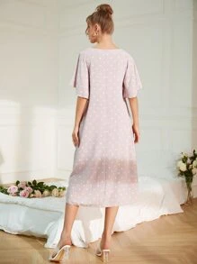 Mulvari Allover Heart Print Square Neck Butterfly Sleeve Dress - Baby Pink - View 2