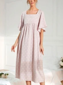 Mulvari Allover Heart Print Square Neck Butterfly Sleeve Dress - Baby Pink - View 3