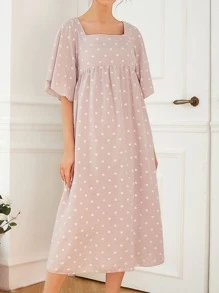 Mulvari Allover Heart Print Square Neck Butterfly Sleeve Dress - Baby Pink - View 4
