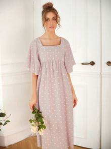 Mulvari Allover Heart Print Square Neck Butterfly Sleeve Dress - Baby Pink - View 5