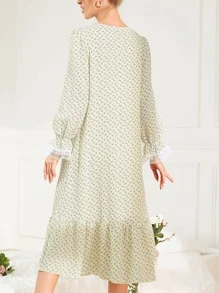 Mulvari Váy ngủ & áo ngủ Nữ Tương phản ren Viên lá sen Họa tiết hoa Hoàng gia - Màu be - Xem 2