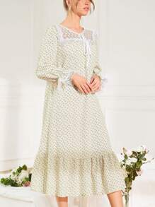 Mulvari Váy ngủ & áo ngủ Nữ Tương phản ren Viên lá sen Họa tiết hoa Hoàng gia - Màu be - Xem 3