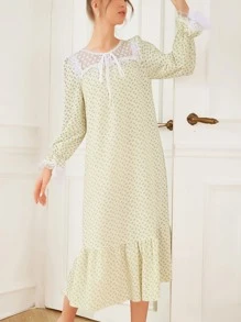 Mulvari Váy ngủ & áo ngủ Nữ Tương phản ren Viên lá sen Họa tiết hoa Hoàng gia - Màu be - Xem 4