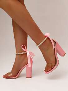Faux Pearls & Bow Decor Ankle Strap Sandals - Pink - View 1