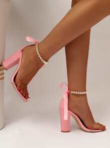 Faux Pearls & Bow Decor Ankle Strap Sandals - Pink - View 2
