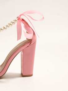 Faux Pearls & Bow Decor Ankle Strap Sandals - Pink - View 3