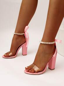 Faux Pearls & Bow Decor Ankle Strap Sandals - Pink - View 5