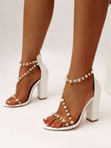 Faux Pearls Decor Chunky Heeled Ankle Strap Sandals - White - View 1