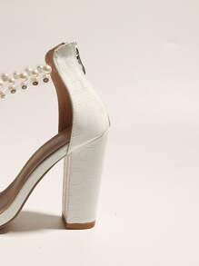 Faux Pearls Decor Chunky Heeled Ankle Strap Sandals - White - View 3