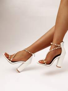 Faux Pearls Decor Chunky Heeled Ankle Strap Sandals - White - View 5