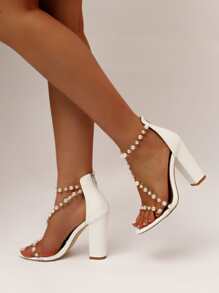 Faux Pearls Decor Chunky Heeled Ankle Strap Sandals - White - View 2