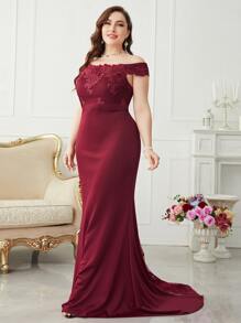 SHEIN Belle 大碼蕾絲拼接伴娘連衣裙 - 酒紅色 - 查看 3