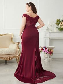 SHEIN Belle 大碼蕾絲拼接伴娘連衣裙 - 酒紅色 - 查看 2