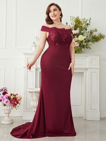 SHEIN Belle Burgundy Red Plus Contrast Lace Bridesmaid Dress