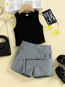 SHEIN Niñas Top tank unicolor & de pata de gallo 2 en 1 Shorts - Multicolor - Ver 4