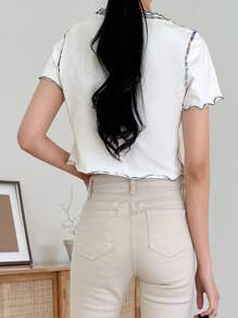 DAZY 頂針木耳邊短款T恤 - 白色 - 查看 2