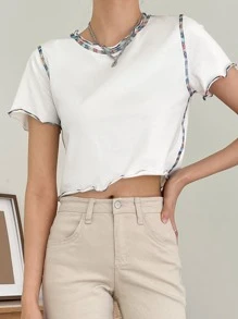 DAZY 頂針木耳邊短款T恤 - 白色 - 查看 5