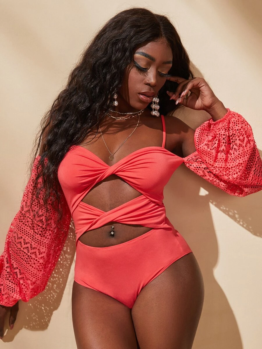 Slaydiva Cold Shoulder Eyelet Lantern Sleeve Twist Front Bodysuit - Watermelon Pink - View 1