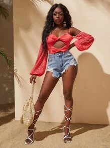 Slaydiva Cold Shoulder Eyelet Lantern Sleeve Twist Front Bodysuit - Watermelon Pink - View 5