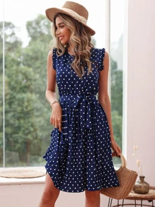 SHEIN VCAY Polka Dot Ruffle Trim Pleated Hem Belted Dress - Royal Blue - View 1