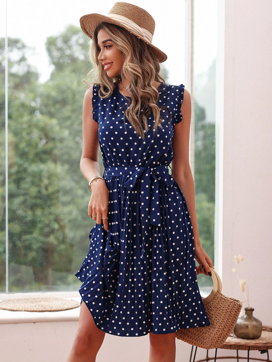 SHEIN VCAY Polka Dot Ruffle Trim Pleated Hem Belted Dress - Royal Blue - View 1
