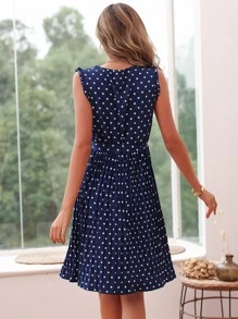 SHEIN VCAY Polka Dot Ruffle Trim Pleated Hem Belted Dress - Royal Blue - View 2