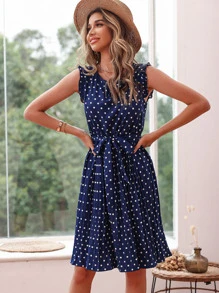 SHEIN VCAY Polka Dot Ruffle Trim Pleated Hem Belted Dress - Royal Blue - View 3