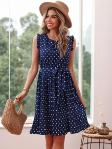 SHEIN VCAY Polka Dot Ruffle Trim Pleated Hem Belted Dress - Royal Blue - View 5