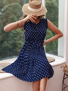 SHEIN VCAY Polka Dot Ruffle Trim Pleated Hem Belted Dress - Royal Blue - View 6