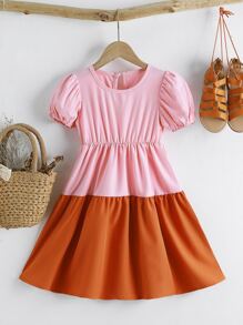 小女童雙色泡泡袖A字連衣裙 - 彩色 - 查看 1
