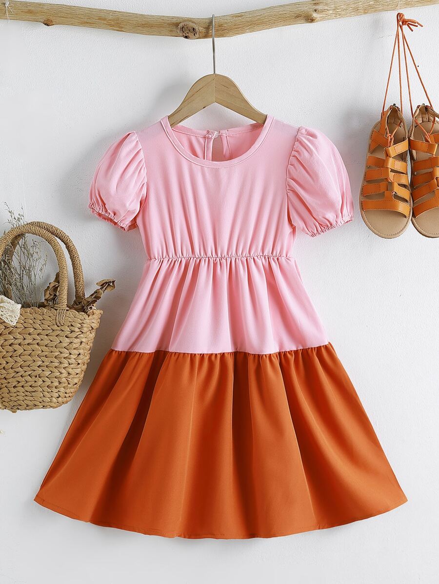 小女童雙色泡泡袖A字連衣裙 - 彩色 - 查看 1