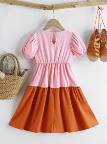 小女童雙色泡泡袖A字連衣裙 - 彩色 - 查看 2