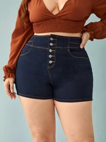 Plus Button Fly Denim Shorts - Dark Wash - View 1