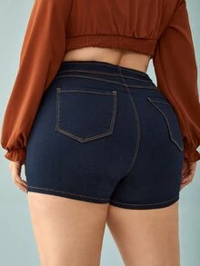 Plus Button Fly Denim Shorts - Dark Wash - View 2