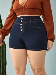 Plus Button Fly Denim Shorts - Dark Wash - View 3