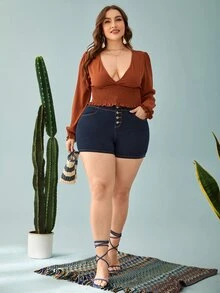 Plus Button Fly Denim Shorts - Dark Wash - View 5