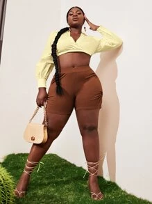 Slaydiva 大碼翻領圍裹胸襟開衩側短款上衣 - 黃色 - 查看 3