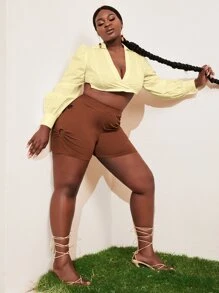 Slaydiva 大碼翻領圍裹胸襟開衩側短款上衣 - 黃色 - 查看 7