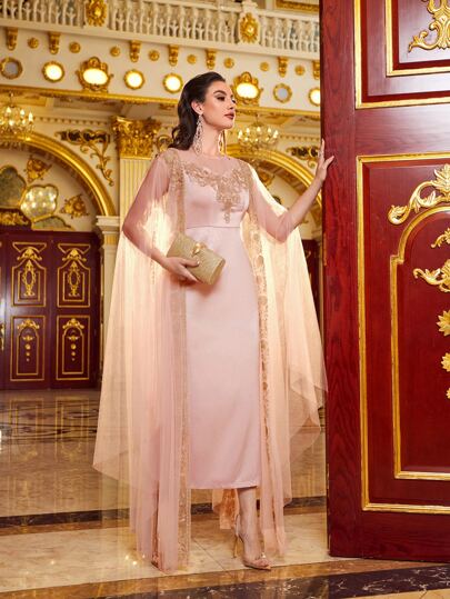 Modelyn Applique Embroidery Mesh Contrast Mesh Cloak Sleeve Dress