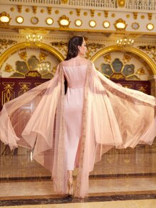 Modelyn Applique Embroidery Mesh Contrast Mesh Cloak Sleeve Dress - Baby Pink - View 2