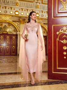 Modelyn Applique Embroidery Mesh Contrast Mesh Cloak Sleeve Dress - Baby Pink - View 3