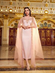 Modelyn Applique Embroidery Mesh Contrast Mesh Cloak Sleeve Dress - Baby Pink - View 5