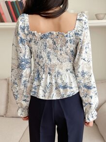 DAZY 大理石纹褶皱荷叶边袖衬衫，荷叶边，娃娃衫，秋季女装长袖上衣可爱上衣度假装扮 - 彩色 - 查看 2