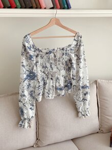 DAZY 大理石纹褶皱荷叶边袖衬衫，荷叶边，娃娃衫，秋季女装长袖上衣可爱上衣度假装扮 - 彩色 - 查看 5