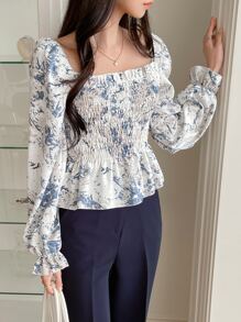 DAZY 大理石纹褶皱荷叶边袖衬衫，荷叶边，娃娃衫，秋季女装长袖上衣可爱上衣度假装扮 - 彩色 - 查看 6