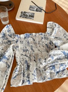 DAZY 大理石纹褶皱荷叶边袖衬衫，荷叶边，娃娃衫，秋季女装长袖上衣可爱上衣度假装扮 - 彩色 - 查看 8