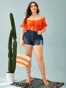 大碼破洞紐扣門襟毛邊牛仔短褲 - 深色水洗藍 - 查看 5