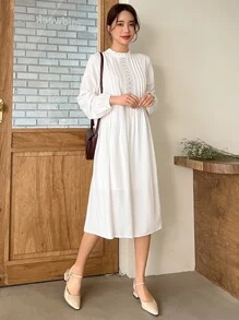 DAZY Eyelet Embroidery Frill Neck Dress - White - View 4