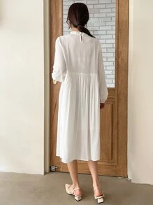 DAZY Eyelet Embroidery Frill Neck Dress - White - View 6